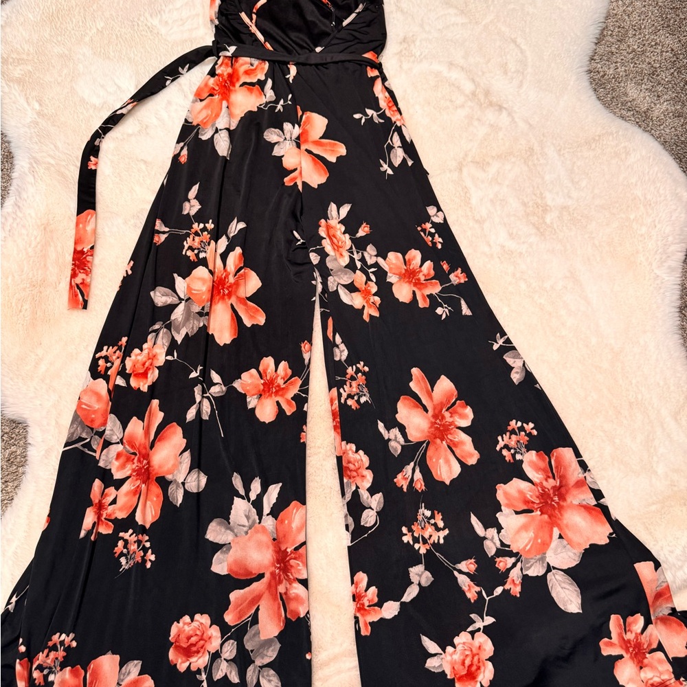 Black Floral Maxi short Dress with Orange Floral Print size M - Picture 2 of 8